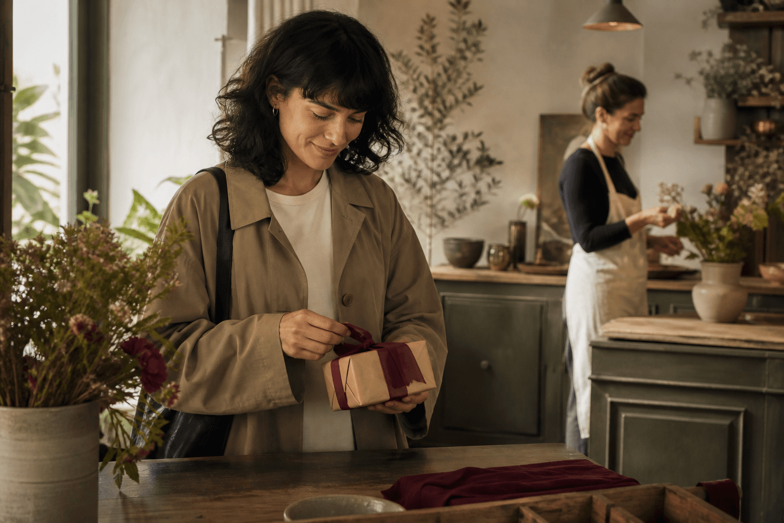 A recipient choosing a gift inside a local shop