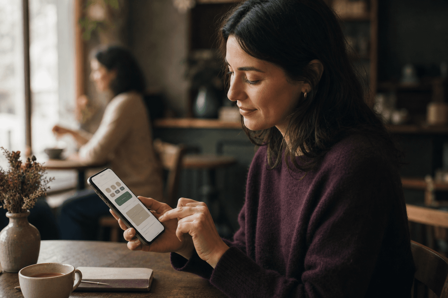 A sender personalising a digital gift card on their phone in a local cafe