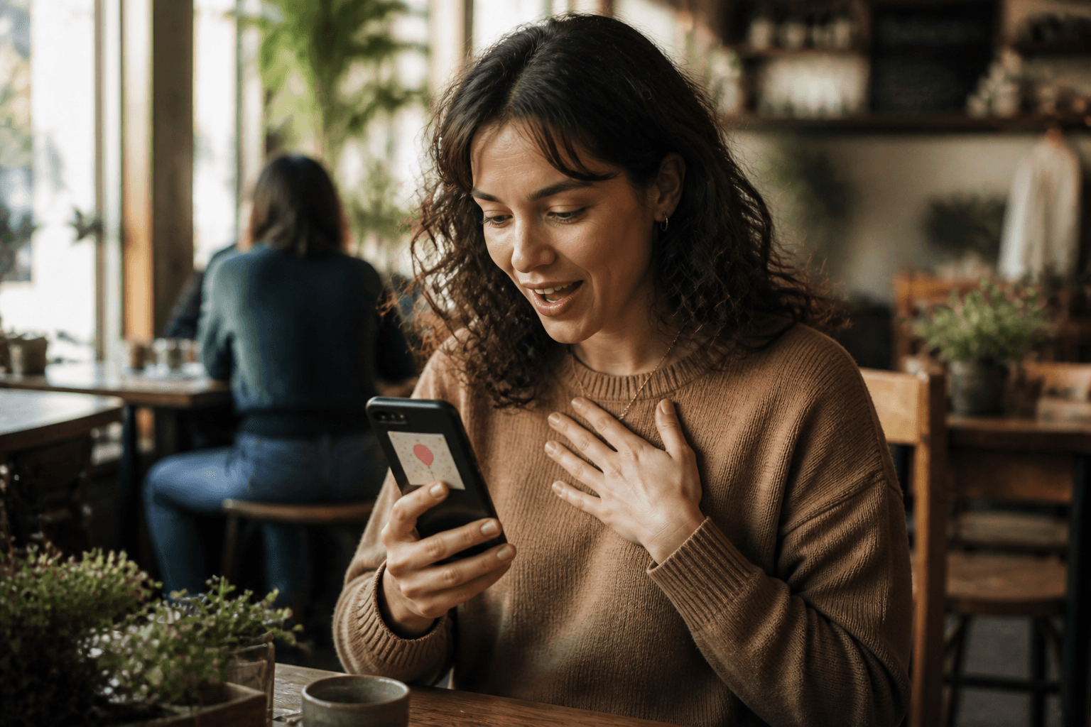 A recipient receiving a digital gift card on their phone in a local cafe